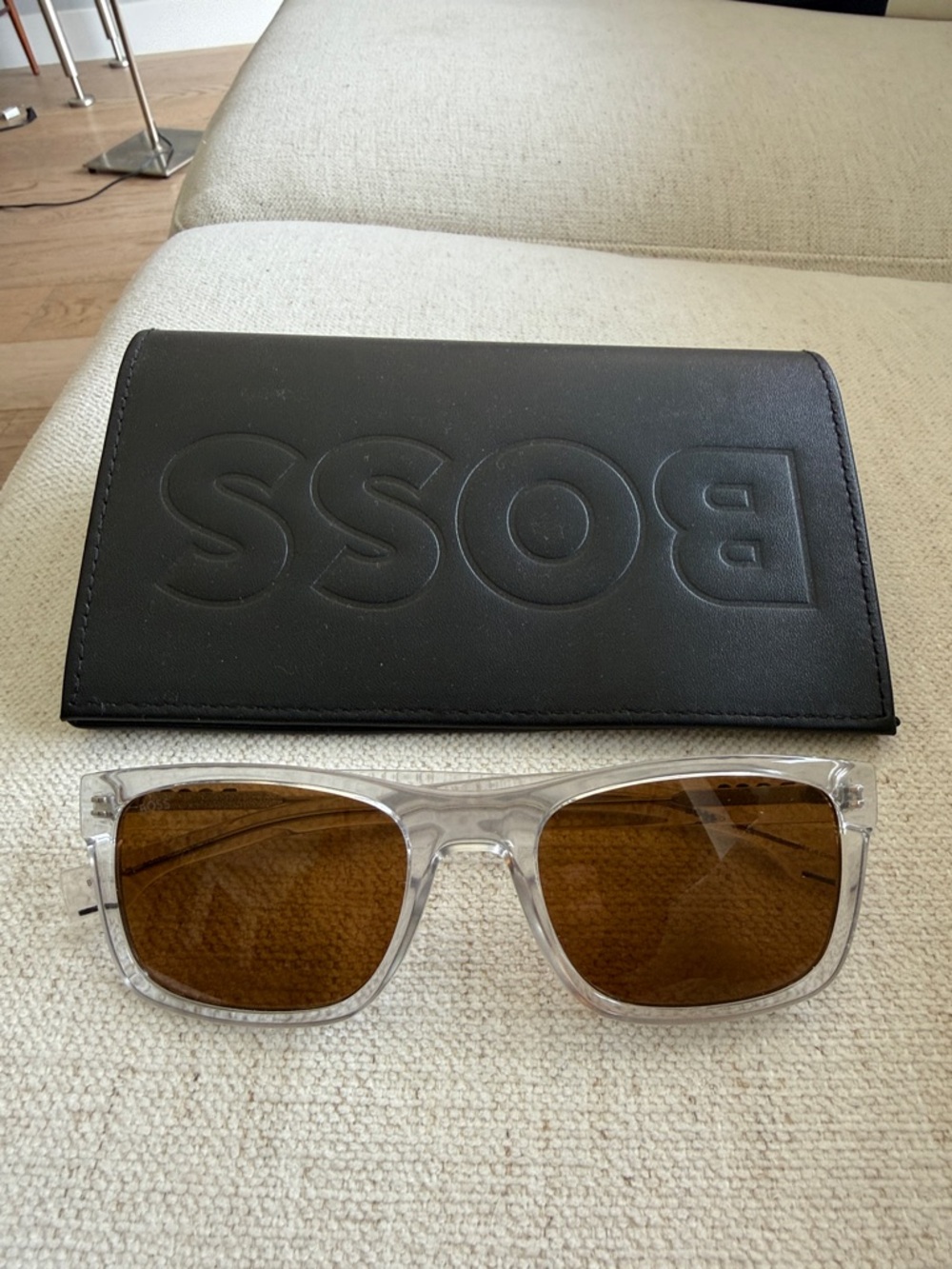 BOSS Clear Frame Sunglasses with Brown Lenses and Black Case